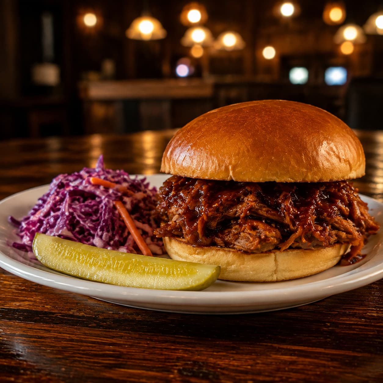 The same BBQ jackfruit sandwich restyled and lit for a menu listing