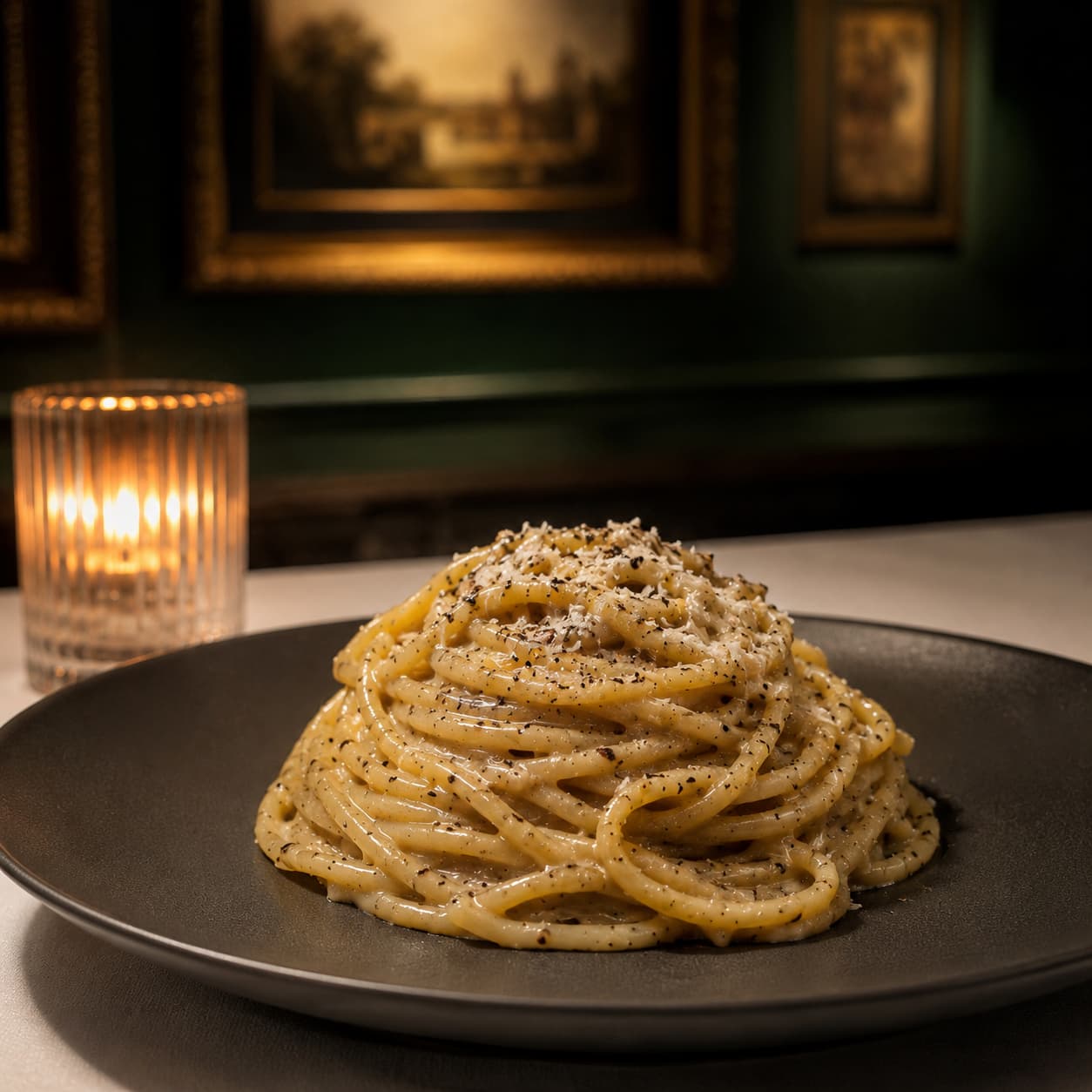The same vegan cacio e pepe restyled, the pasta twirled and the pepper visible