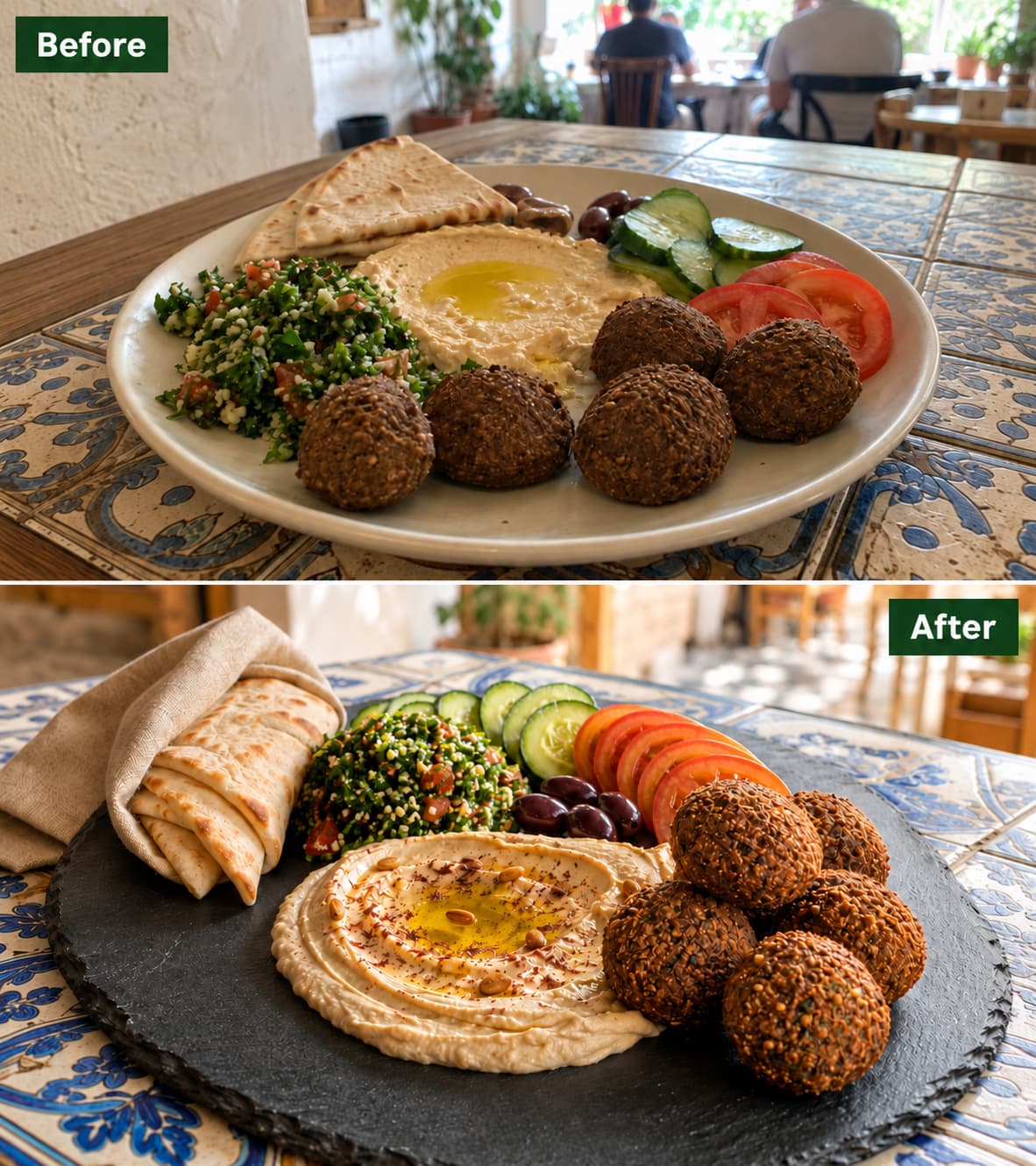 A Mediterranean falafel mezze plate shown before and after: first a flat phone snapshot on a tiled table, then restyled on dark slate with the hummus swirled, pita folded in linen and the salad rebuilt