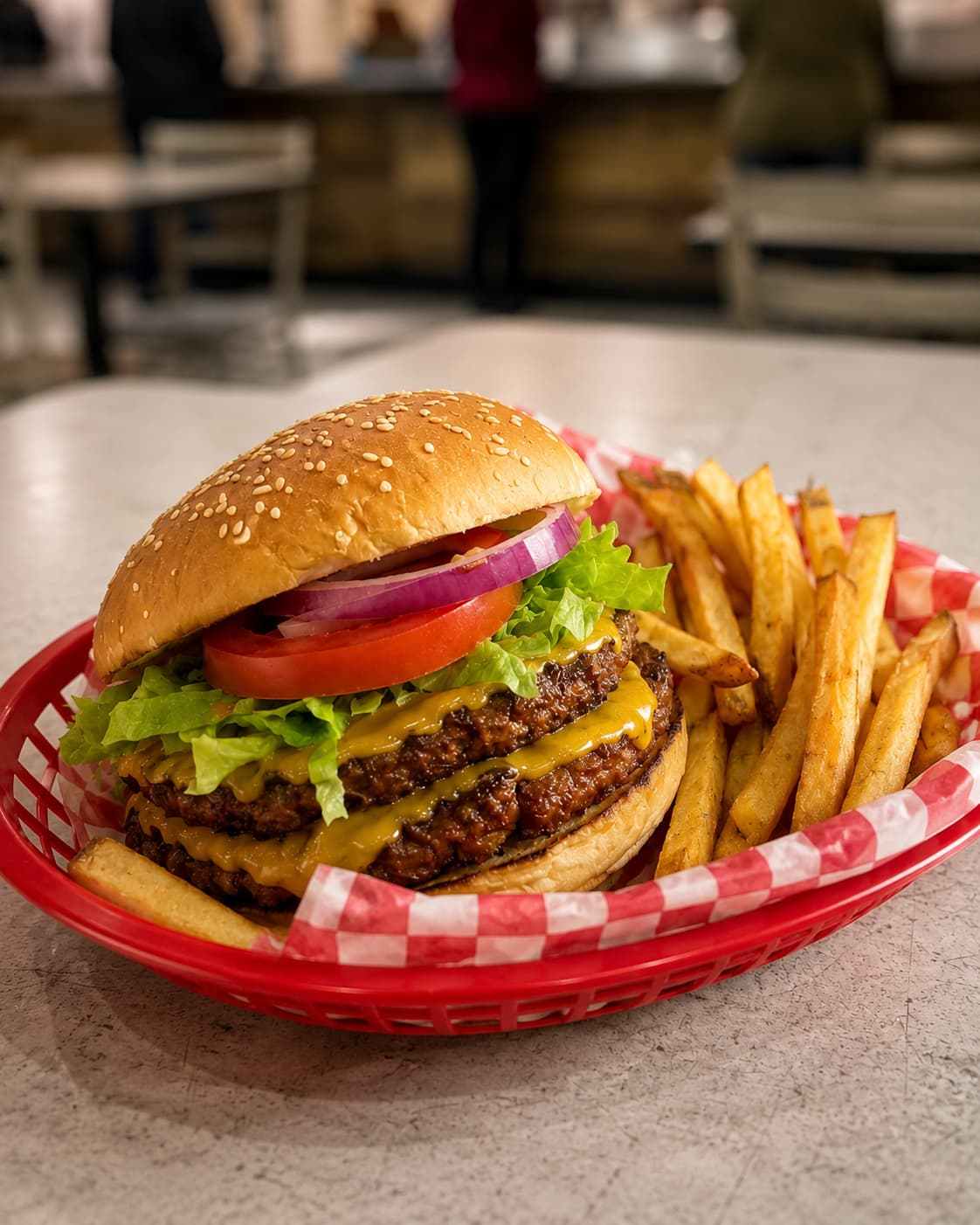 The same vegan smash burger restyled, the bun golden and the stack rebuilt
