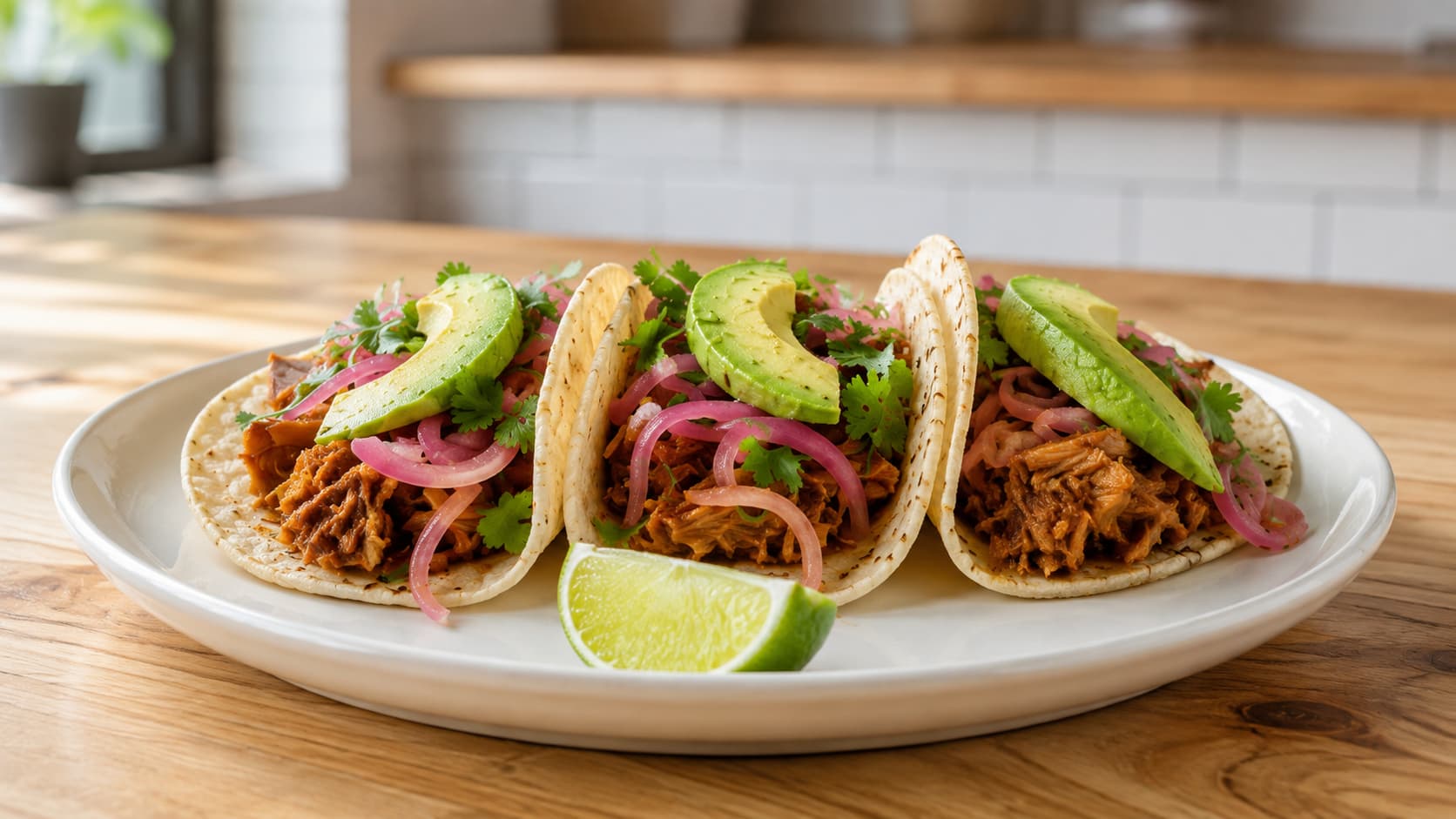 The same jackfruit tacos restyled on a clean surface with the garnish rebuilt