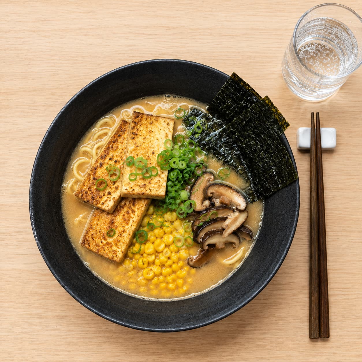 The same vegan miso ramen restyled with the toppings arranged and the broth glossy